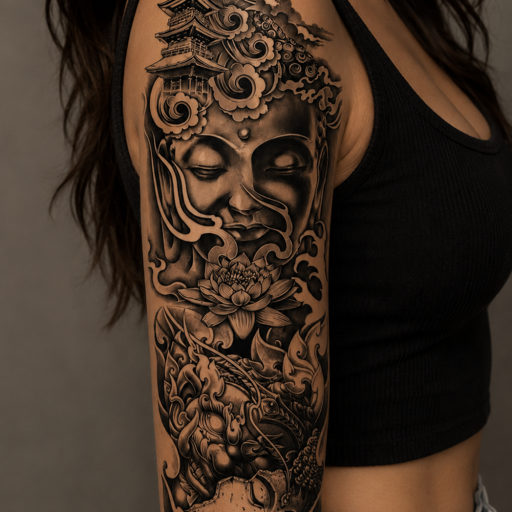 Alternative view of Tattoo arm sleeve budha